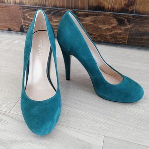 NineWest Almond Toe Suede Heel Pumps Teal 7M